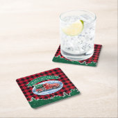 メリークリスマスレッドヴィンテージトラックバッファロープレイド スクエアペーパーコースター (インサイチュ)