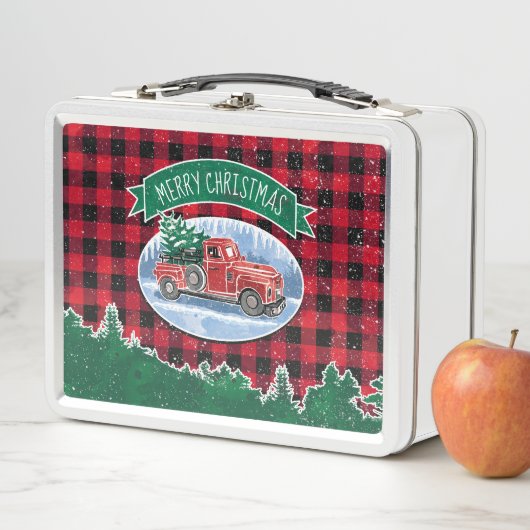 メリークリスマスレッドヴィンテージトラックバッファロープレイド メタルランチボックス (インサイチュ)