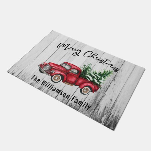 メリークリスマスレッドヴィンテージトラック&ツリーファームハウス ドアマット (アングル)