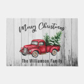 メリークリスマスレッドヴィンテージトラック&ツリーファームハウス ドアマット (正面)