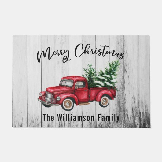 メリークリスマスレッドヴィンテージトラック&ツリーファームハウス ドアマット (正面)
