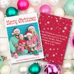 メリークリスマスレッドヴィンテージレトロシンプルフォト シーズンカード<br><div class="desc">メリースタイリッシュクリスマス赤ヴィンテージレトロ休日の写真カード両面カード、雪の結晶とバックサイドのホリデーメッセージ上</div>