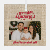 メリークリスマスレッド写真ベージュバーラップ ガラスオーナメント (裏面)