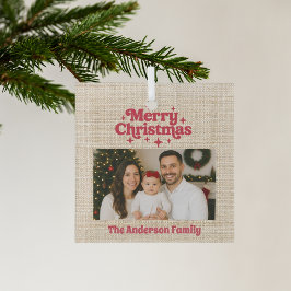 メリークリスマスレッド写真ベージュバーラップ ガラスオーナメント