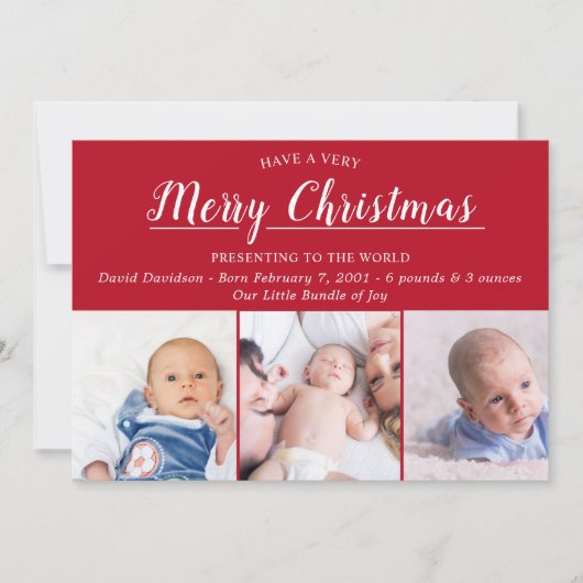 メリークリスマスレッド写真誕生のお知らせ シーズンカード (正面)