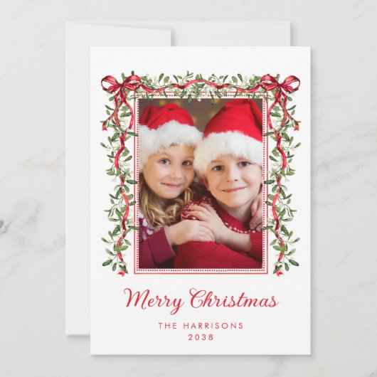 メリークリスマスレッド弓の緑の水の色の写真 シーズンカード (正面)