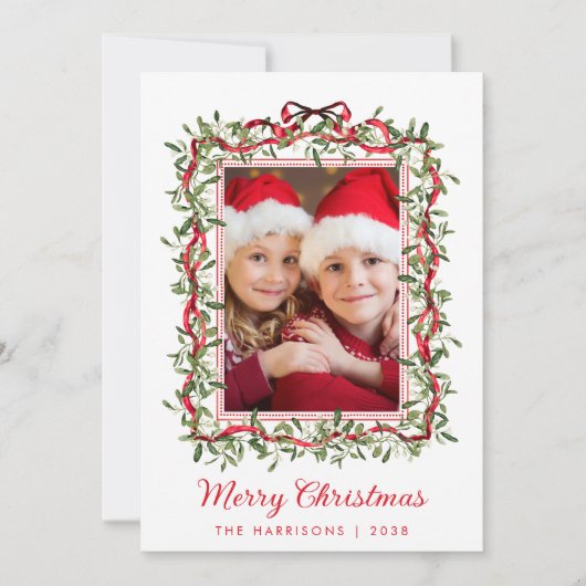 メリークリスマスレッド弓の緑の水の色の写真 シーズンカード (正面)