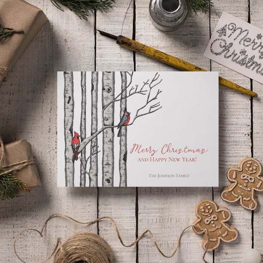 メリークリスマスレッド深紅色オン樺の木ブランチ シーズンポストカード