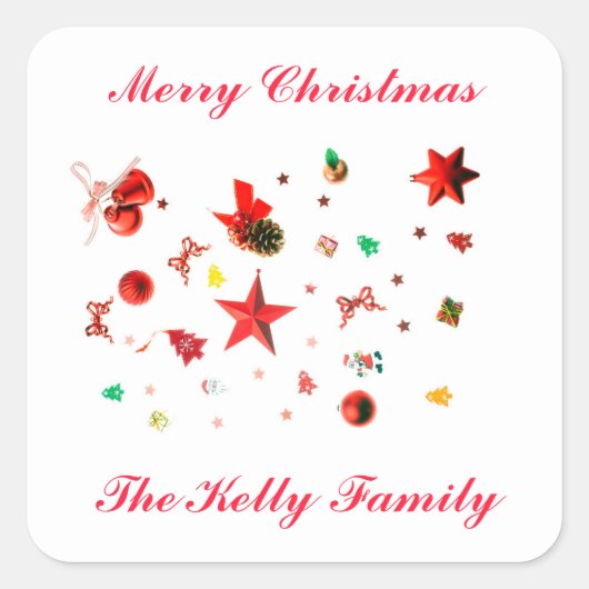 メリークリスマスレッド混合オーナメントと文字 スクエアシール (正面)