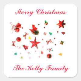 メリークリスマスレッド混合オーナメントと文字 スクエアシール