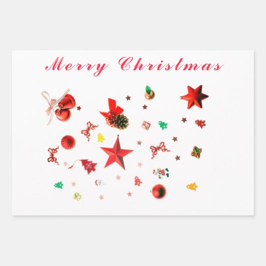 メリークリスマスレッド混合オーナメントと文字 ラッピングペーパーシート (正面2)