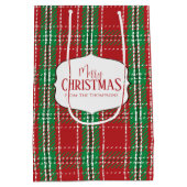 メリークリスマスレッド素朴ホリデーファームハウスプレイド ミディアムペーパーバッグ (裏面)