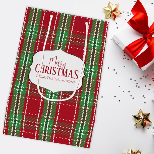 メリークリスマスレッド素朴ホリデーファームハウスプレイド ミディアムペーパーバッグ