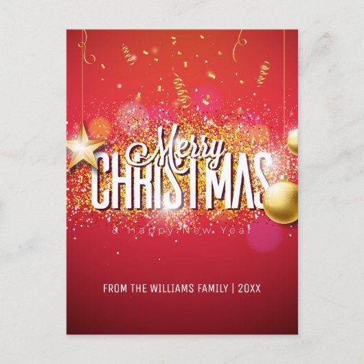 メリークリスマスレッド金ゴールドグリッタースターモダン写真 シーズンポストカード (正面)