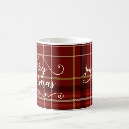メリークリスマスレッド金ゴールドプレイドモノグラム名 コーヒーマグカップ (中央)