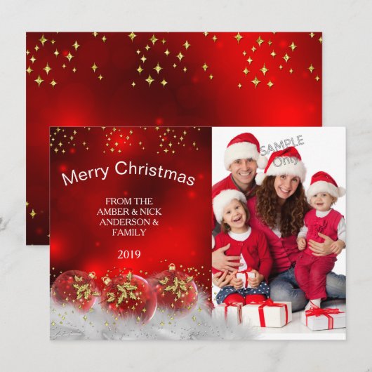 メリークリスマスレッド金ゴールドホリーバウブル 招待状 (正面/裏面)