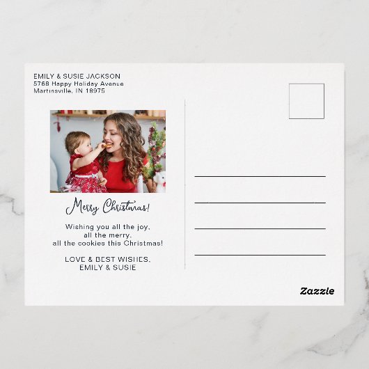 メリークリスマスレッド2枚の写真ファミリー金ゴールド 箔シーズンポストカード (裏面)