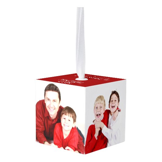 メリークリスマスレッド4ファミリーフォトフェスティバルギフト キューブオーナメント (裏面アングル)