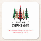メリークリスマスレッド・グリーンとブラック・プレイド・ツリー スクエアペーパーコースター (正面)
