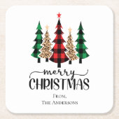 メリークリスマスレッド・グリーンとブラック・プレイド・ツリー スクエアペーパーコースター (正面)