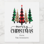 メリークリスマスレッド・グリーンとブラック・プレイド・ツリー ワインラベル (シングルラベル)
