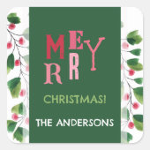 メリークリスマスレッド&グリーンウォーターリース スクエアシール (正面)