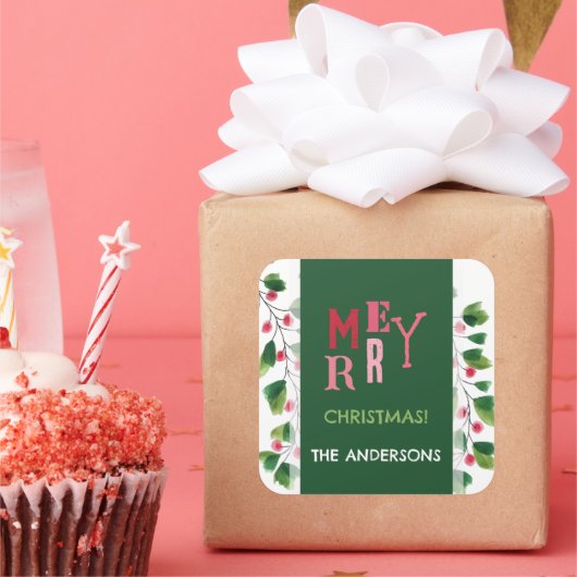 メリークリスマスレッド&グリーンウォーターリース スクエアシール (パーティー)