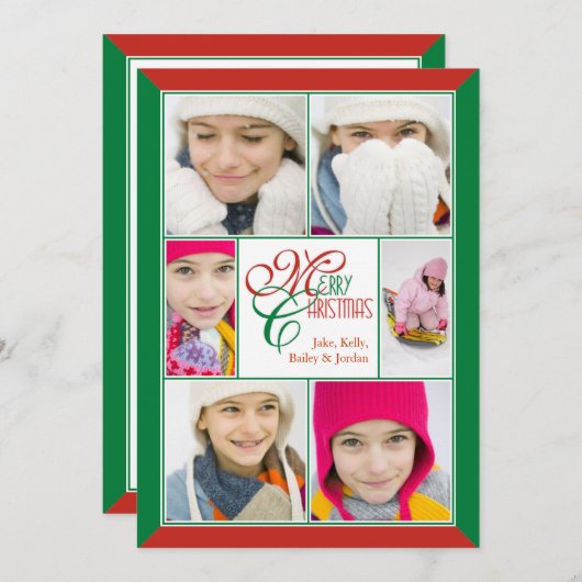 メリークリスマスレッド&グリーンフレームコラージュグリーティング シーズンカード (正面/裏面)