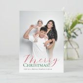 メリークリスマスレッド&グリーンモダンスクリプト写真 シーズンカード (スタンド正面)