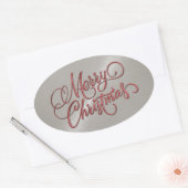 メリークリスマスレッド&グレーエンボスルック 楕円形シール (封筒)