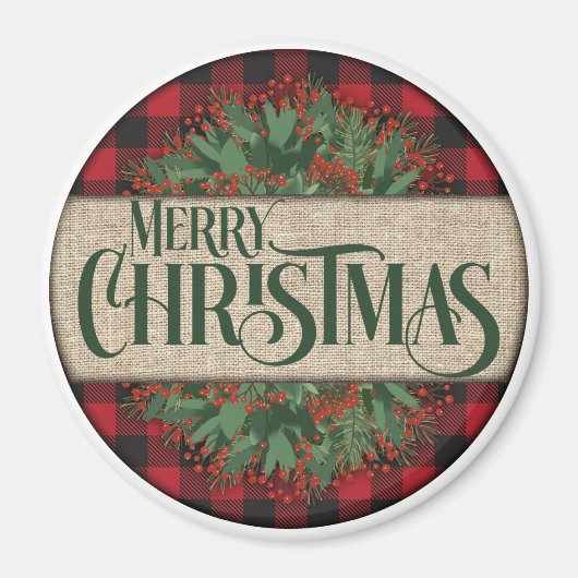 メリークリスマスレッド&ブラックプレイド マグネット (正面)