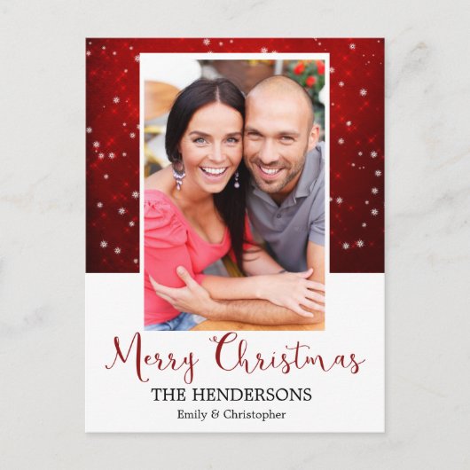 メリークリスマスレッド&ホワイト雪片フォトカード シーズンポストカード (正面)