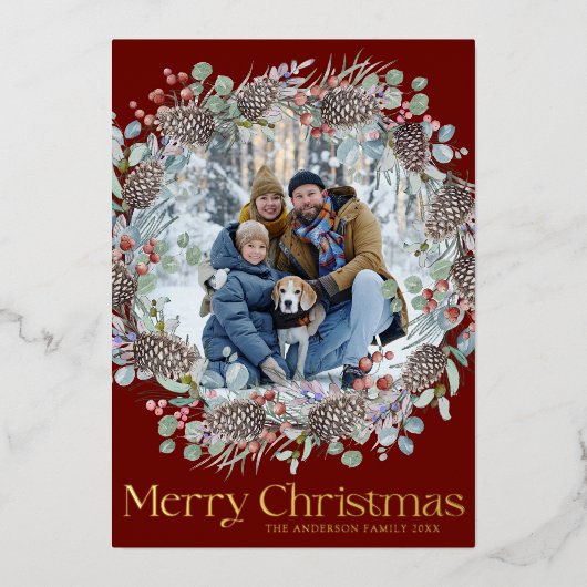 メリークリスマスレッド&金ゴールドファミリーフォト 箔シーズンカード (正面)