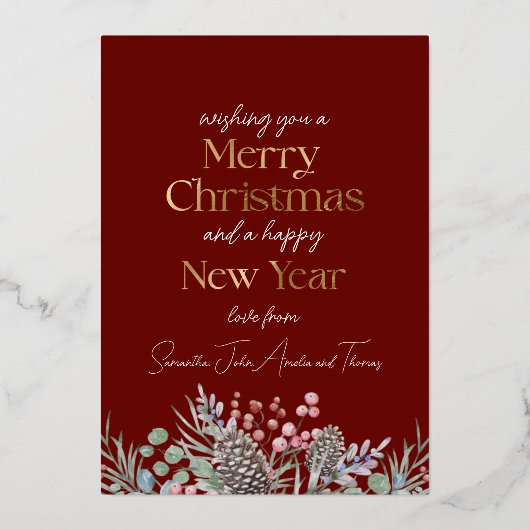 メリークリスマスレッド&金ゴールドファミリーフォト 箔シーズンカード (裏面)