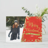 メリークリスマスレッド&金ゴールドモダンフォトホリデー シーズンカード (スタンド正面)