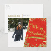 メリークリスマスレッド&金ゴールドモダンフォトホリデー シーズンポストカード (正面/裏面)