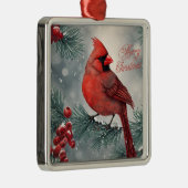 メリークリスマスレッド(鳥)ショウジョウコウカンチョウとベリー メタルオーナメント (右)