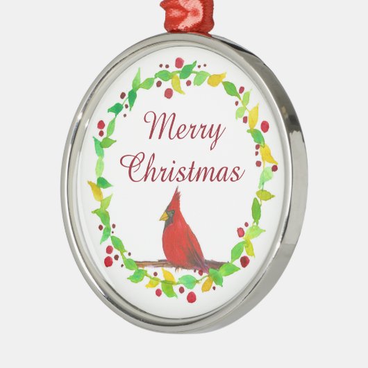 メリークリスマスレッド(鳥)ショウジョウコウカンチョウウォーター色 メタルオーナメント (左)