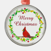 メリークリスマスレッド(鳥)ショウジョウコウカンチョウウォーター色 メタルオーナメント (正面)