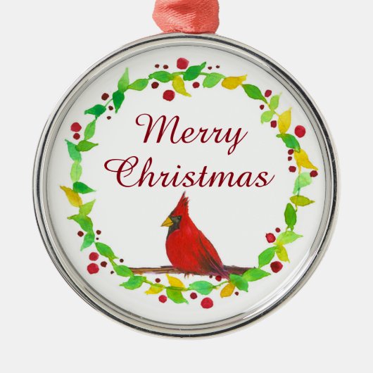 メリークリスマスレッド(鳥)ショウジョウコウカンチョウウォーター色 メタルオーナメント (正面)
