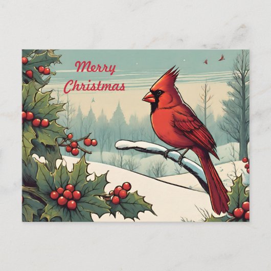 メリークリスマスレッド(鳥)ショウジョウコウカンチョウバードアンドホリーベリー シーズンポストカード (正面)