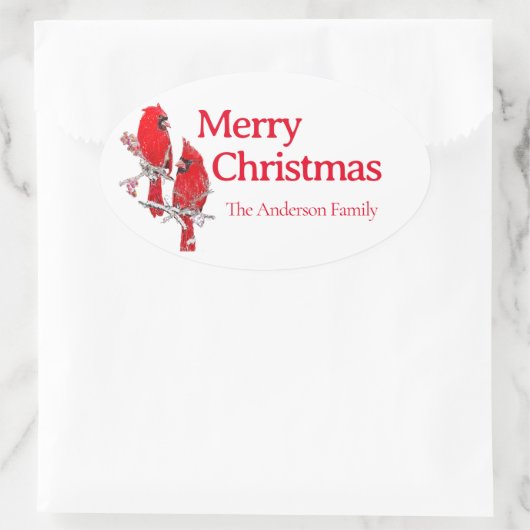 メリークリスマスレッド(鳥)ショウジョウコウカンチョウバードフェスティバル 楕円形シール (バッグ)