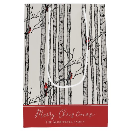 メリークリスマスレッド(鳥)ショウジョウコウカンチョウバード&樺の木ツリー ミディアムペーパーバッグ (裏面)