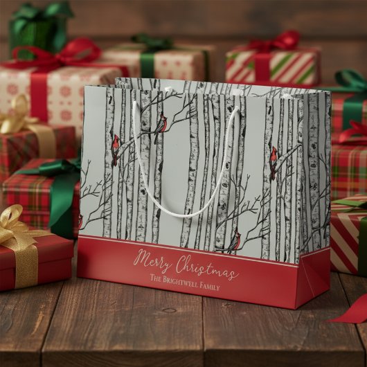 メリークリスマスレッド(鳥)ショウジョウコウカンチョウバード&樺の木ツリー ラージペーパーバッグ