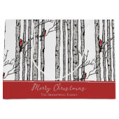 メリークリスマスレッド（鳥）ショウジョウコウカンチョウバード&樺の木ツリー ラージペーパーバッグ (正面)