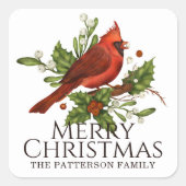 メリークリスマスレッド（鳥）ショウジョウコウカンチョウホリーパーソナライズされた スクエアシール (正面)