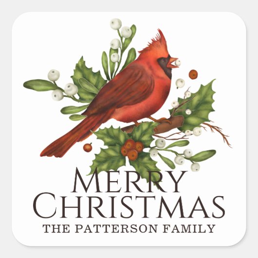メリークリスマスレッド（鳥）ショウジョウコウカンチョウホリーパーソナライズされた スクエアシール (正面)