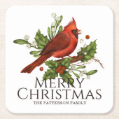 メリークリスマスレッド（鳥）ショウジョウコウカンチョウホリーパーソナライズされた スクエアペーパーコースター (正面)