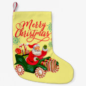 メリークリスマスレトロサンタクロースキャンディカー スモールクリスマスストッキング (正面)