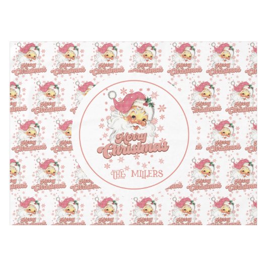 メリークリスマスレトロタイポグラフィサンタピンクハット テーブルクロス (正面(横))